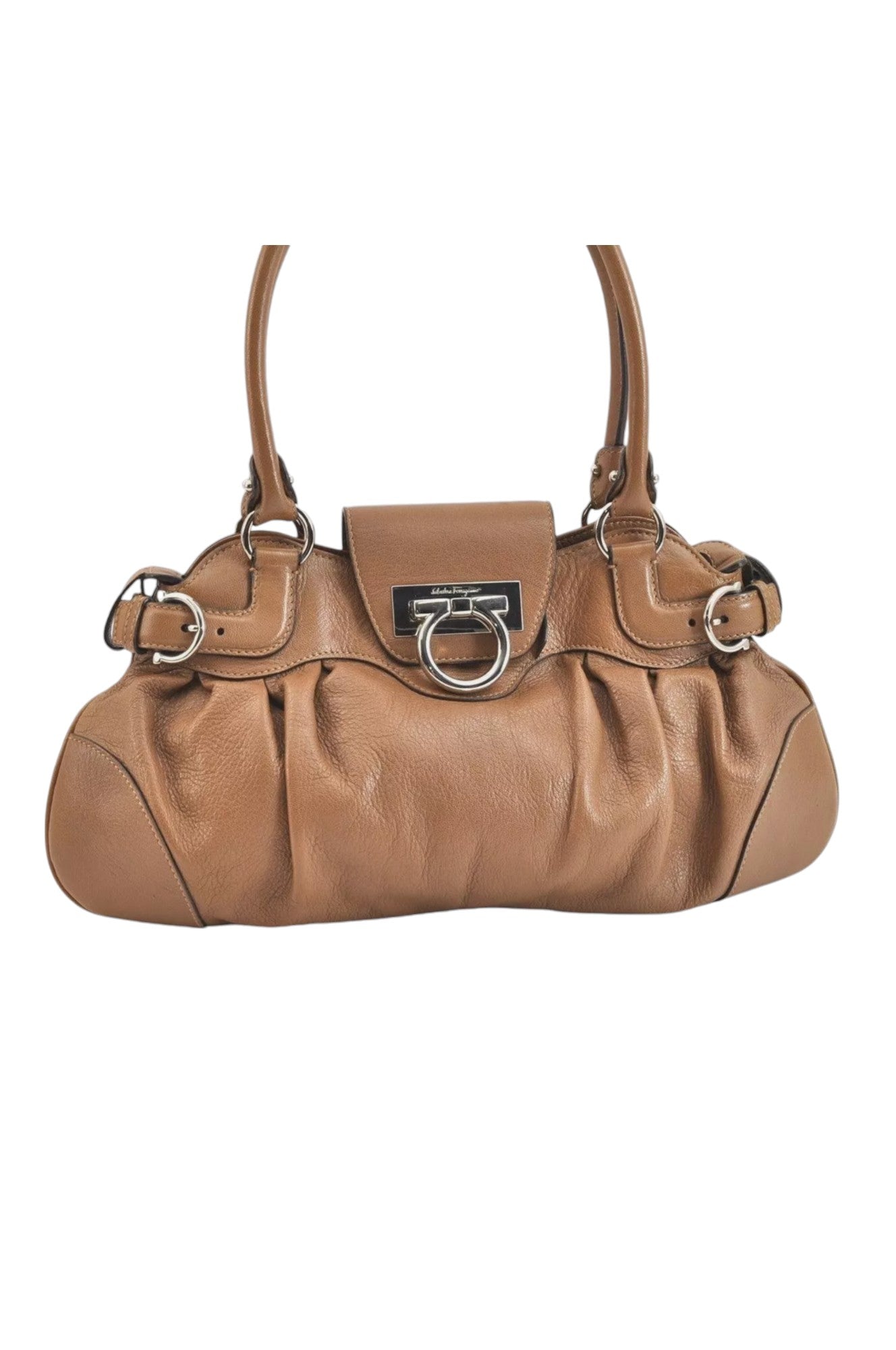 Salvatore Ferragamo Gancini Leather Shoulder Hand Bag Brown 7570K