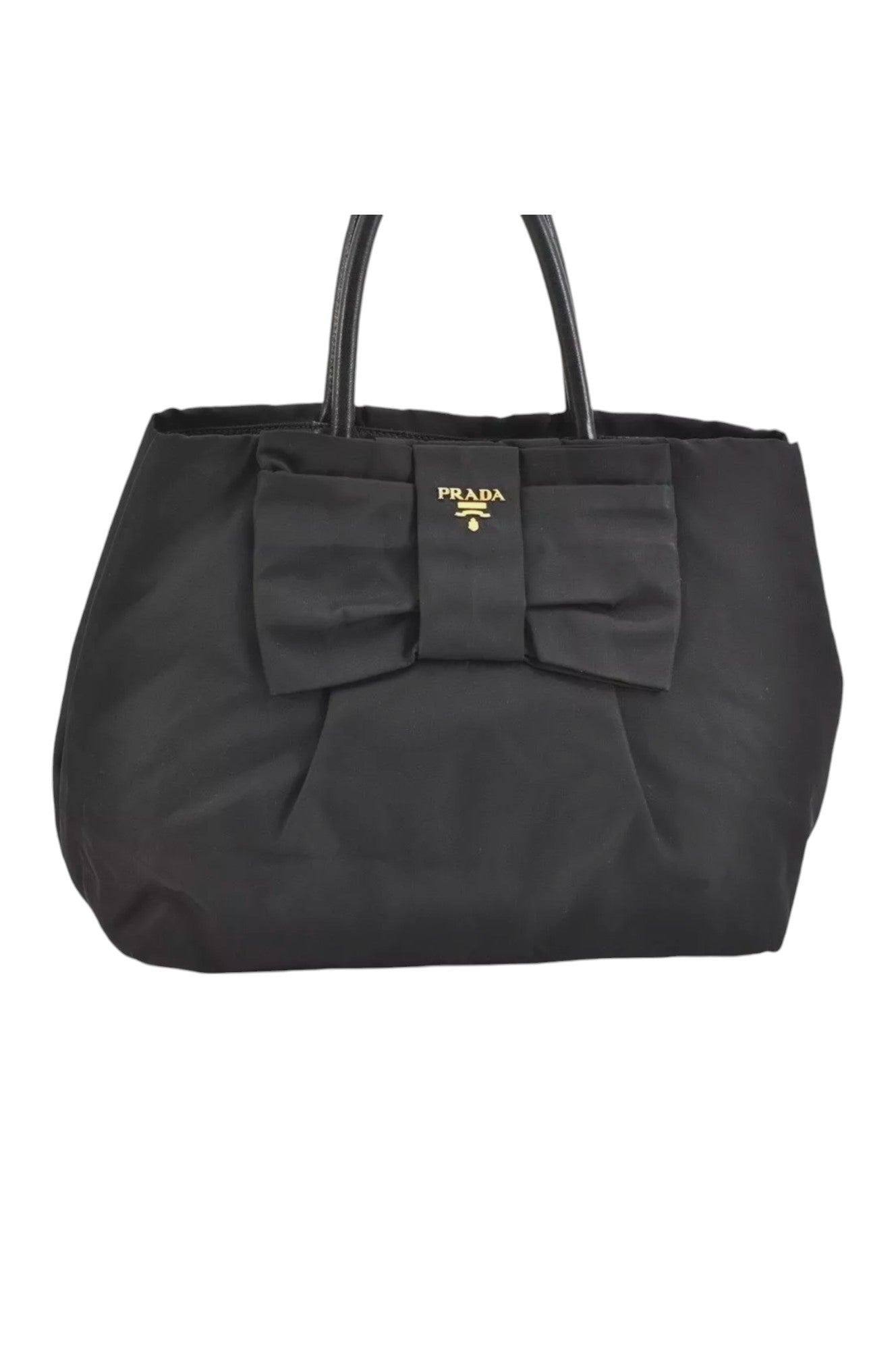 PRADA Tessuto Fiocco Ribbon Nylon Leather Hand Tote Bag Black 7620K