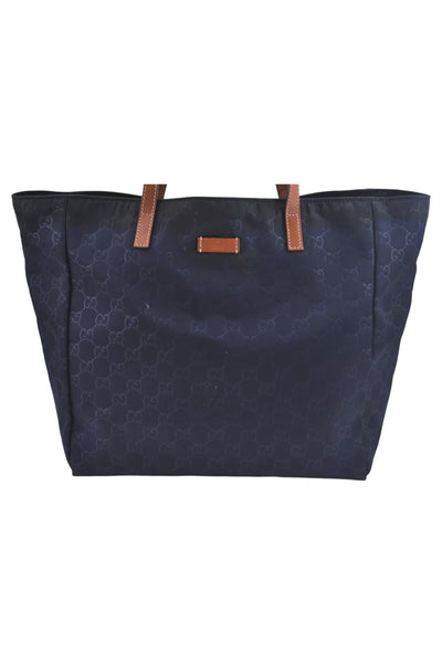 GUCCI Vintage Hand Tote Bag GG Nylon Leather Navy Blue L0937